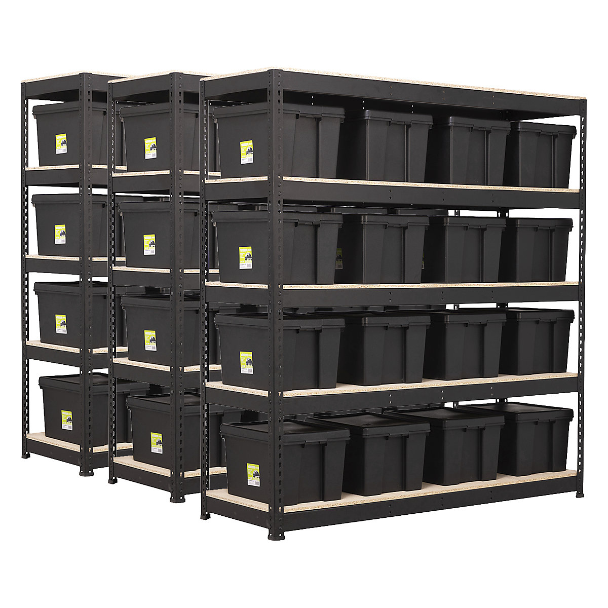 BiG400 Matt Black Racking Storage Kit Mega Deal | Euro & Wham Bam, BiG400 Matt Black Racking Storage Kit Mega Deal | Euro & Wham Bam, BiG400 Matt Black Racking Storage Kit Mega Deal | 1980h x 1830w x 610d mm | 5 Levels | 375kg UDL | 16x 45 Litre Wham Bam Heavy-Duty Boxes | 3x Bay Shelving Kit-3