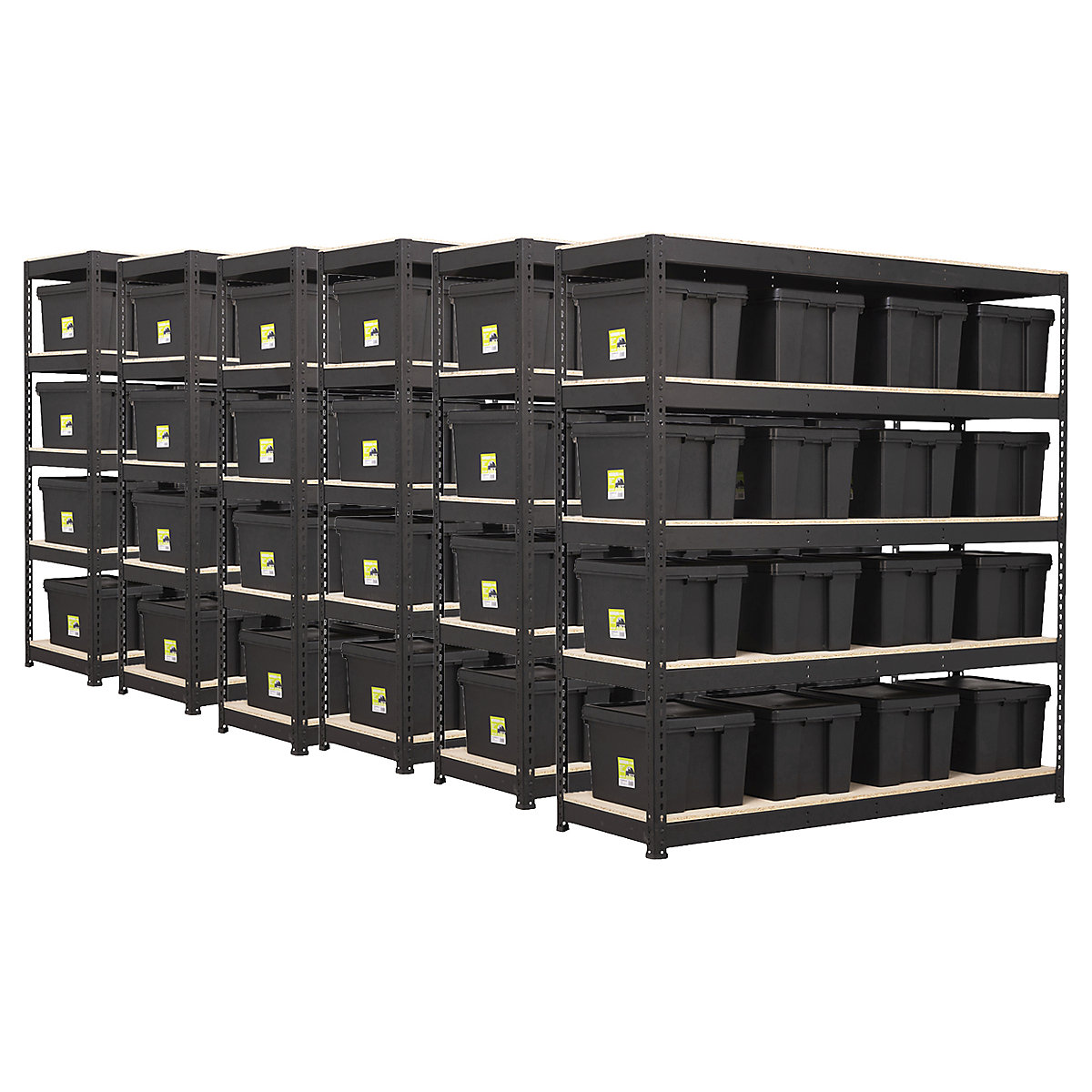 BiG400 Matt Black Racking Storage Kit Mega Deal | Euro & Wham Bam, BiG400 Matt Black Racking Storage Kit Mega Deal | Euro & Wham Bam, BiG400 Matt Black Racking Storage Kit Mega Deal | 1980h x 1830w x 610d mm | 5 Levels | 375kg UDL | 16x 45 Litre Wham Bam Heavy-Duty Boxes | 6x Bay Shelving Kit-4