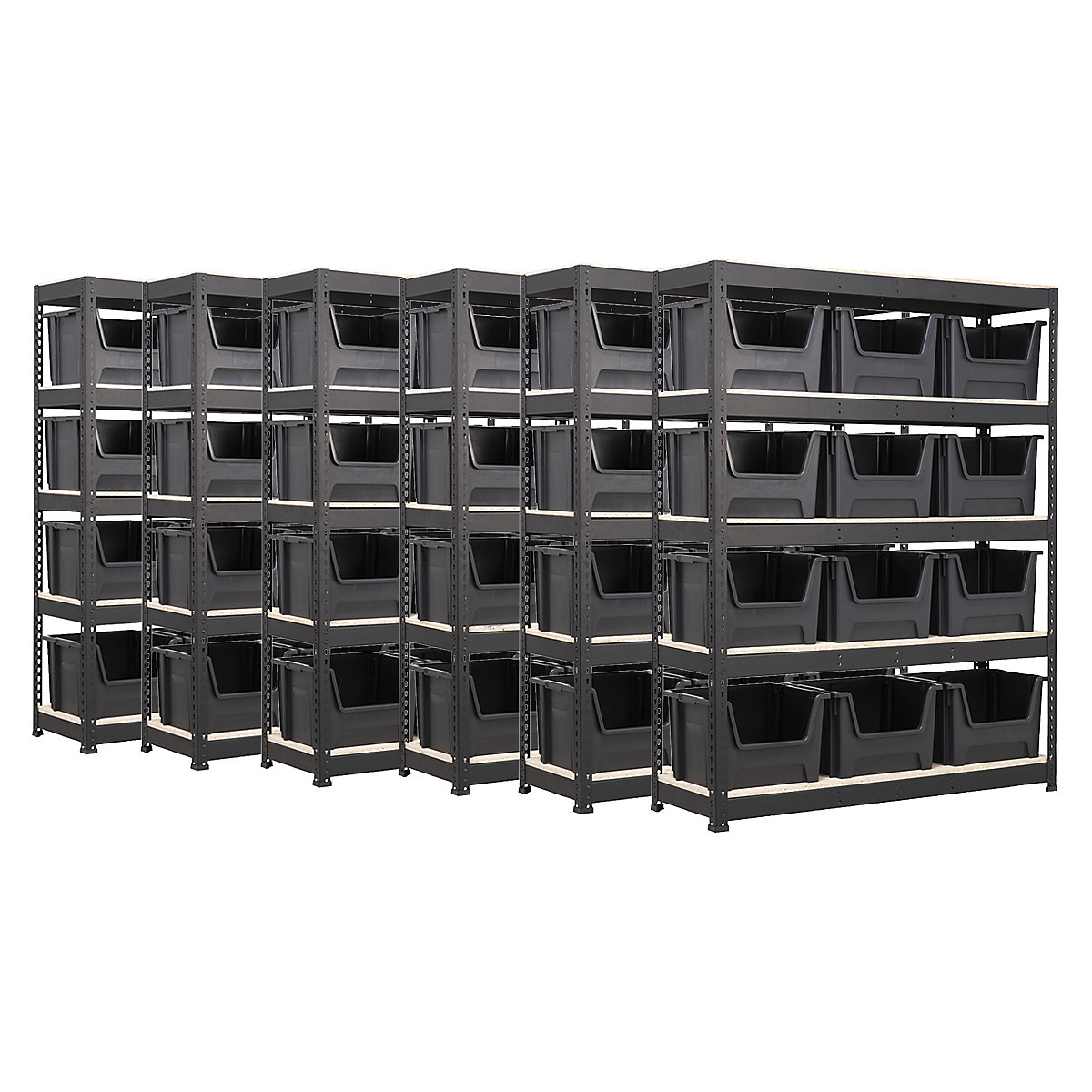 BiG400 Matt Black Racking Storage Kit Mega Deal | Stacking Pick Bins, BiG400 Matt Black Racking Storage Kit Mega Deal | Stacking Pick Bins, BiG400 Matt Black Racking with Plastic Stacking Pick Bins Mega Deal | 1980h x 1525w x 455d mm | 5 Levels | 375kg UDL | 12x 50 Litre Black Pick Bins | 6x Bay Shelving Kit-2