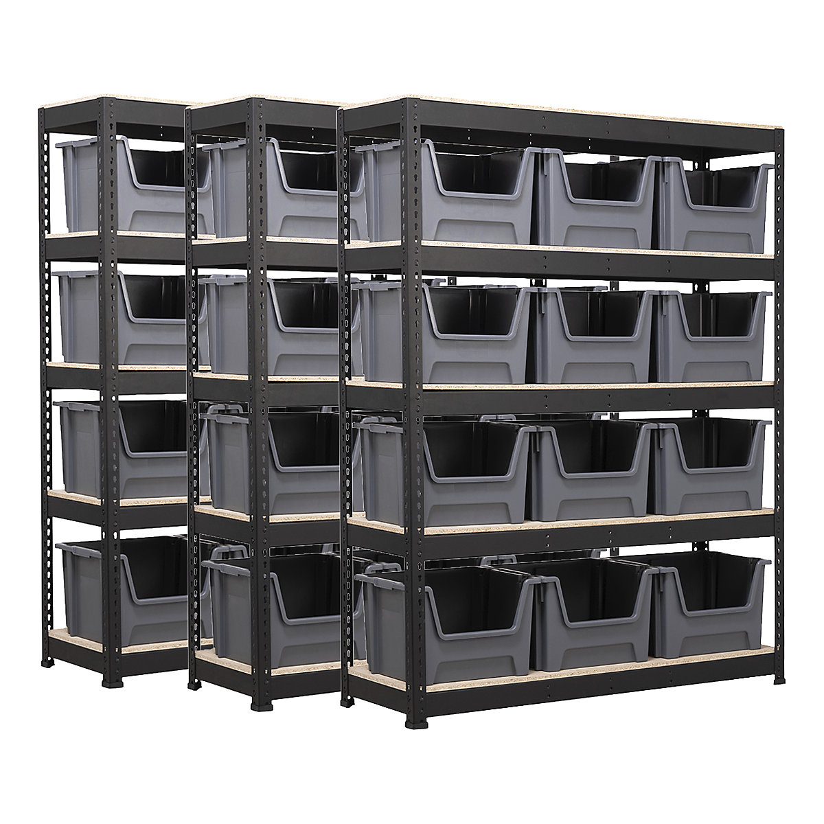 BiG400 Matt Black Racking Storage Kit Mega Deal | Stacking Pick Bins, BiG400 Matt Black Racking Storage Kit Mega Deal | Stacking Pick Bins, BiG400 Matt Black Racking with Plastic Stacking Pick Bins Mega Deal | 1980h x 1525w x 455d mm | 5 Levels | 375kg UDL | 12x 50 Litre Grey Pick Bins | 3x Bay Shelving Kit-3