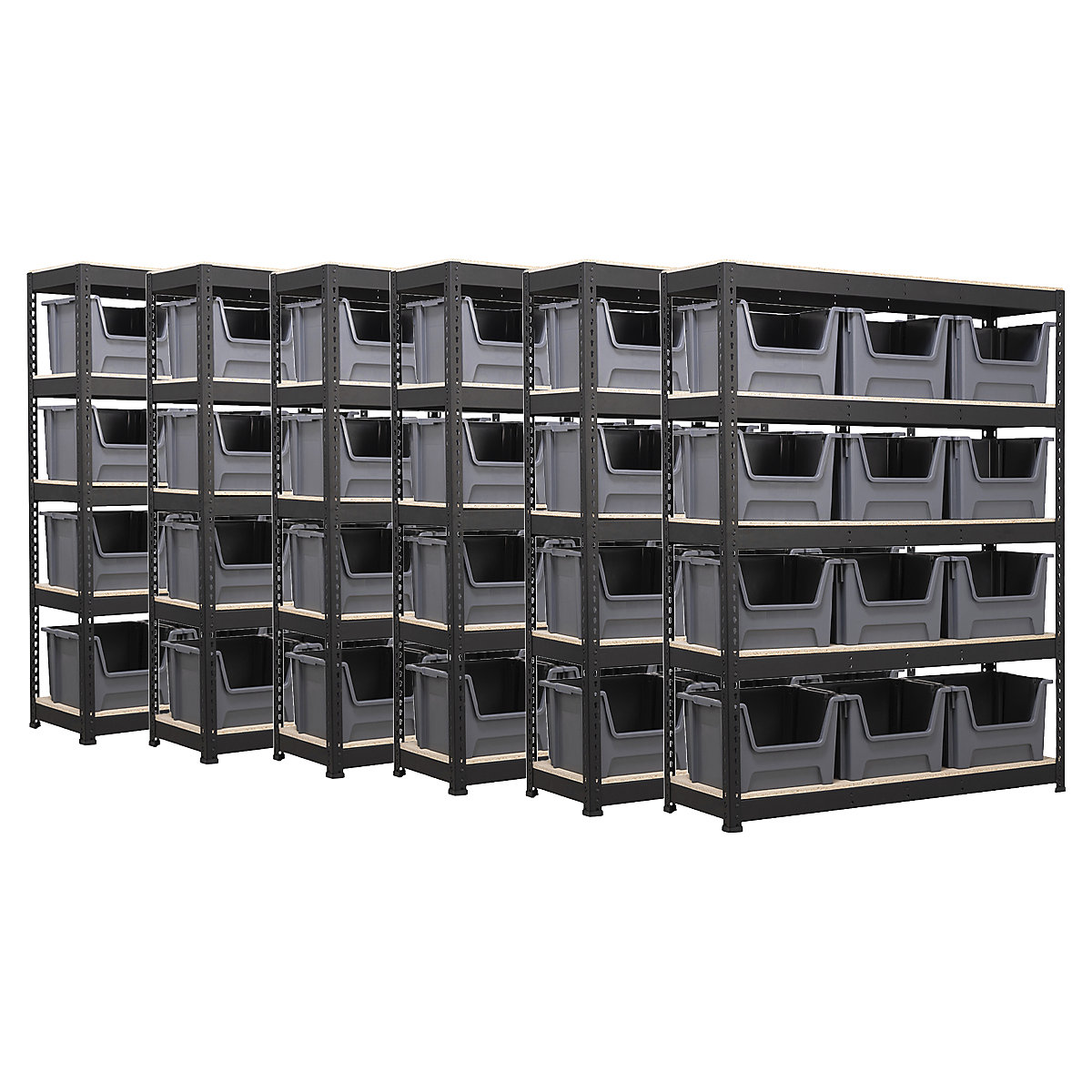 BiG400 Matt Black Racking Storage Kit Mega Deal | Stacking Pick Bins, BiG400 Matt Black Racking Storage Kit Mega Deal | Stacking Pick Bins, BiG400 Matt Black Racking with Plastic Stacking Pick Bins Mega Deal | 1980h x 1525w x 455d mm | 5 Levels | 375kg UDL | 12x 50 Litre Grey Pick Bins | 6x Bay Shelving Kit-4