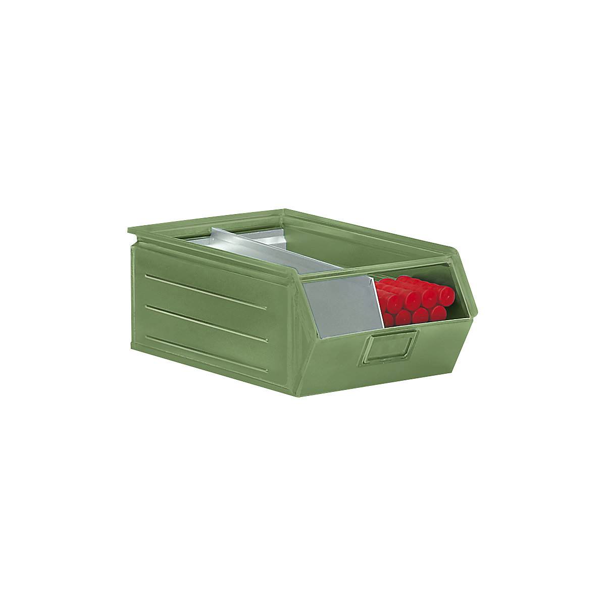 Open fronted storage bin made of sheet steel, LxWxH 515 x 310 x 200 mm, with support rod, reseda green, 10+ items-5