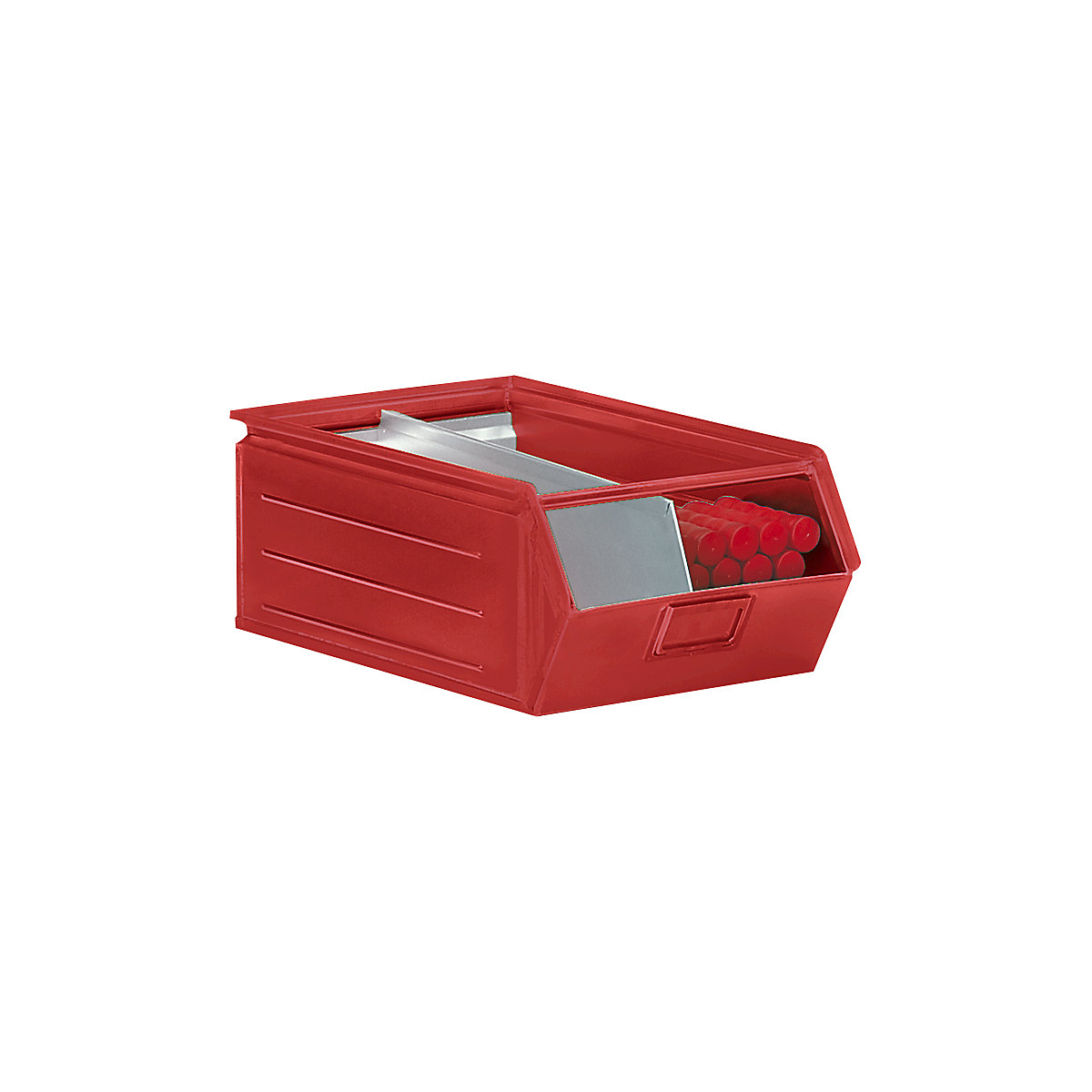 Open fronted storage bin made of sheet steel, LxWxH 515 x 310 x 200 mm, with support rod, flame red, 10+ items-3