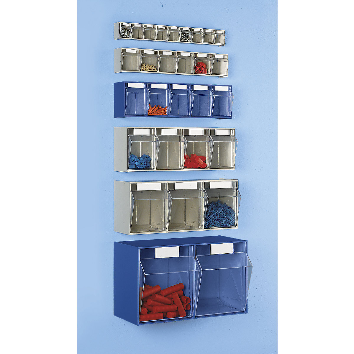 Visual storage container system, housing HxWxD 353 x 600 x 299 mm, 2 bins, blue, 10+ items-7
