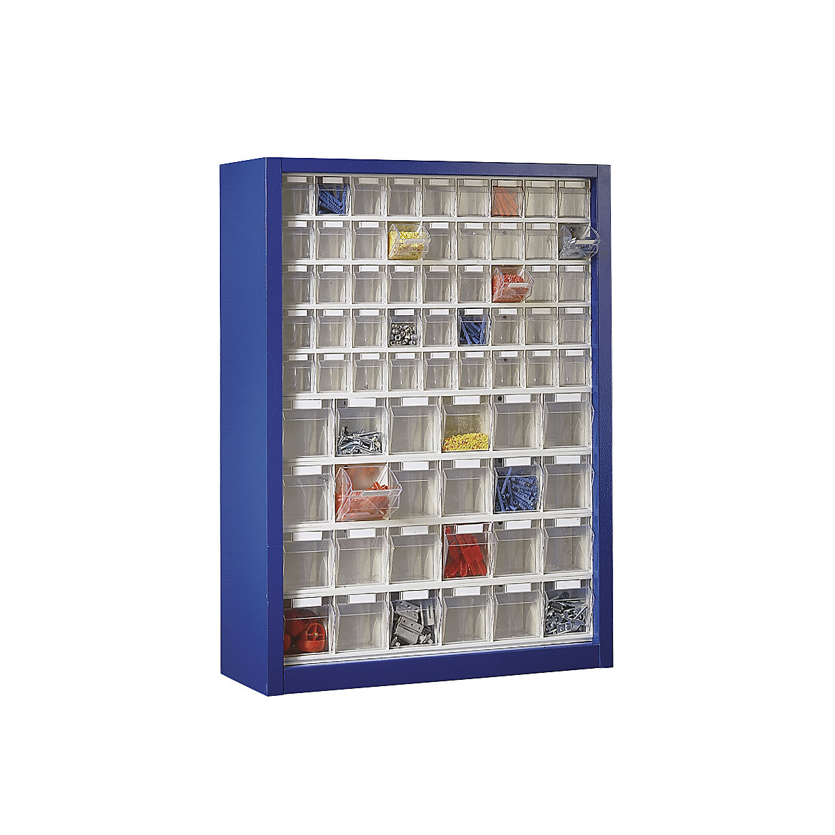 Wall mounted cupboard for visual storage containers, HxWxD 910 x 665 x 250 mm, with 69 bins, gentian blue housing-2