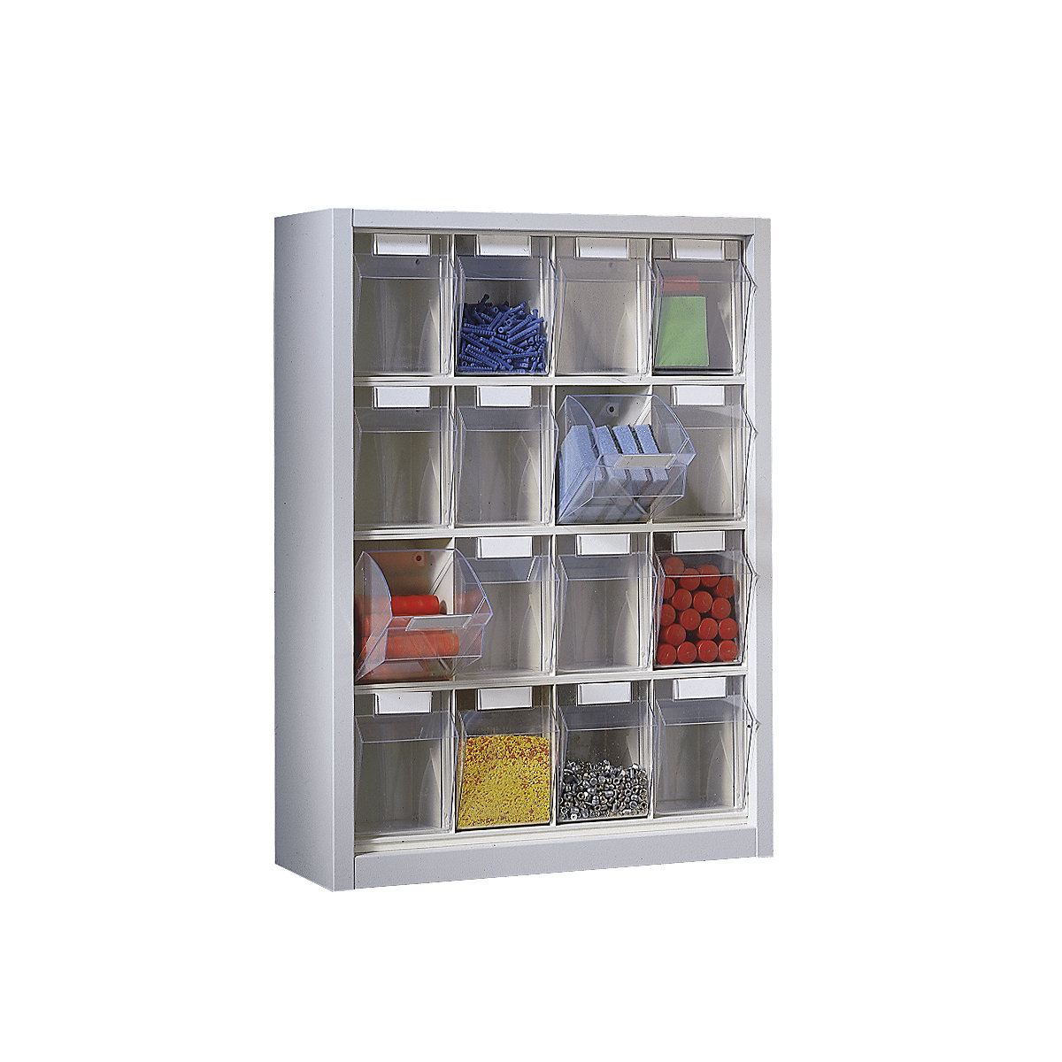 Wall mounted cupboard for visual storage containers, HxWxD 910 x 665 x 250 mm, with 16 bins, light grey housing-2