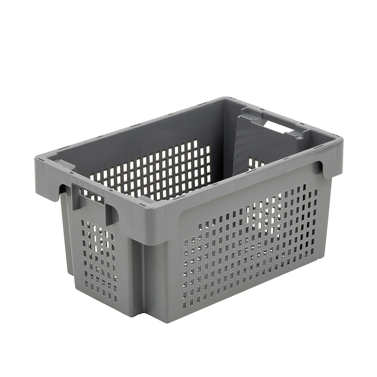 Stack/nest container made of HDPE, capacity 60 l, perforated walls and base, grey