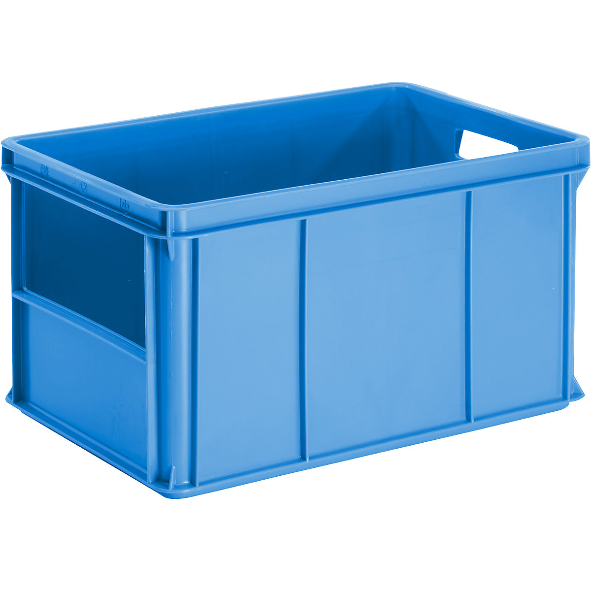 Stacking and transport container, solid walls, base, opening on the end, capacity 60 l, pack of 4