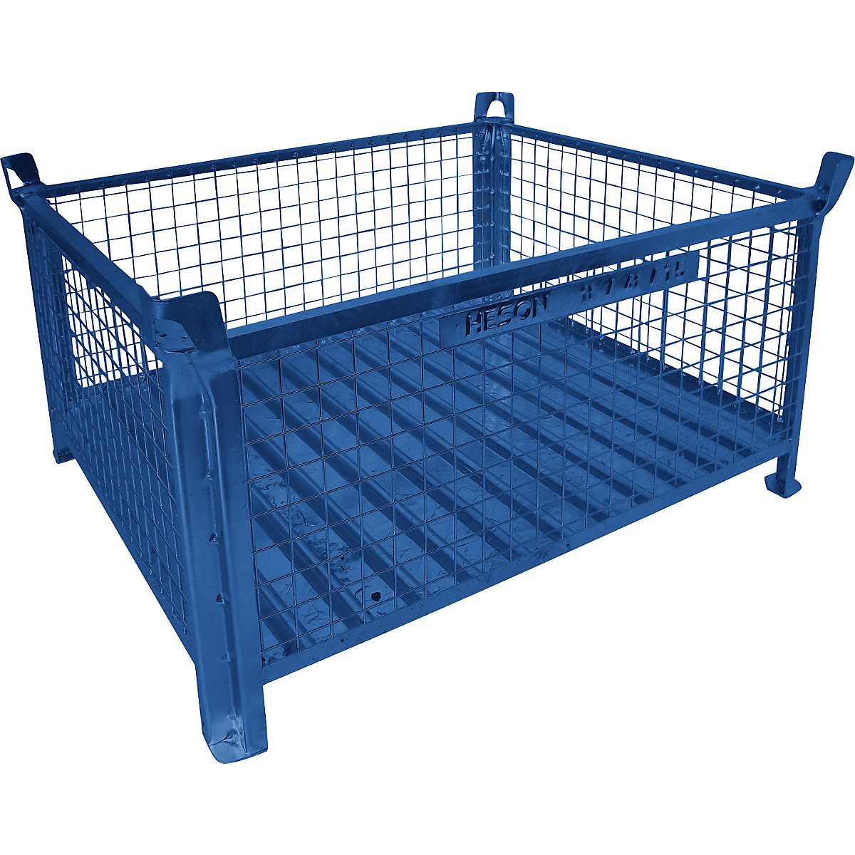 Box pallet with sheet steel base – Heson, LxW 1200 x 1000 mm, painted blue, 10+ items-5