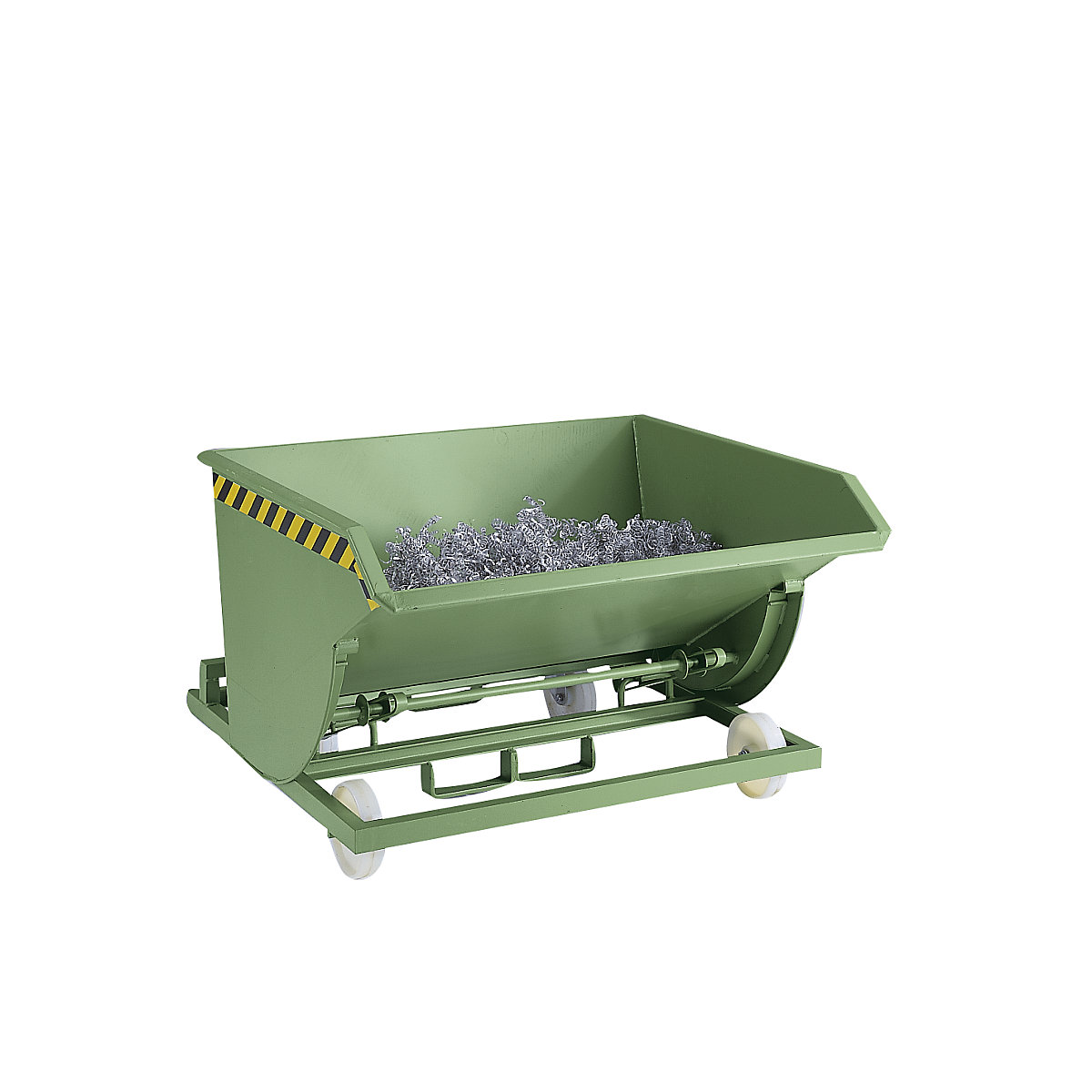 Tilting skip for metal swarf, with nylon wheels – eurokraft pro, capacity 0.3 m³, reseda green-1