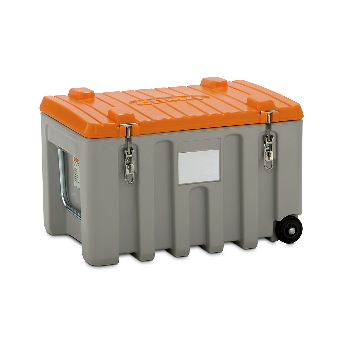 Universal box made of polyethylene – CEMO, capacity 150 l, trolley, grey / orange-3