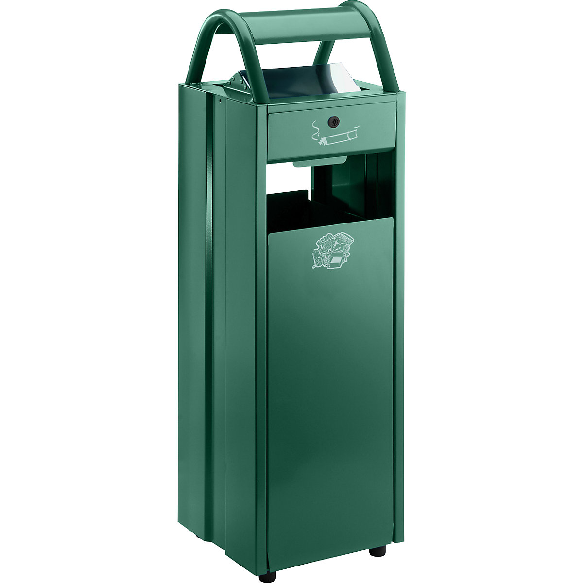 VAR – Collecteur de déchets avec cendrier et toit de protection, capacité 35 l, l x h x p 300 x 960 x 250 mm, vert mousse RAL 6005