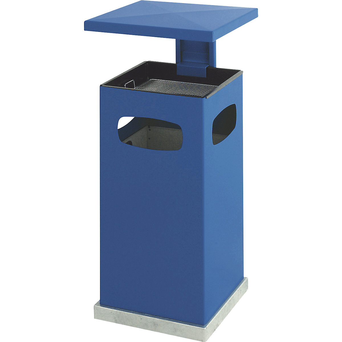 Collecteur de déchets avec cendrier et toit de protection, capacité 38 l, l x h x p 395 x 910 x 395 mm, bleu gentiane