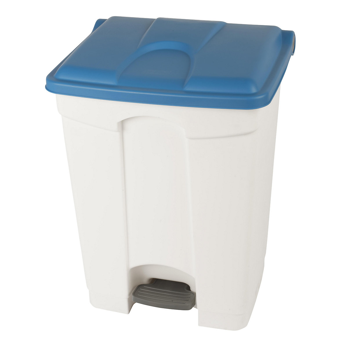 EUROKRAFTbasic – Poubelle à pédale, capacité 70 l, l x h x p 505 x 675 x 415 mm, blanc, couvercle bleu