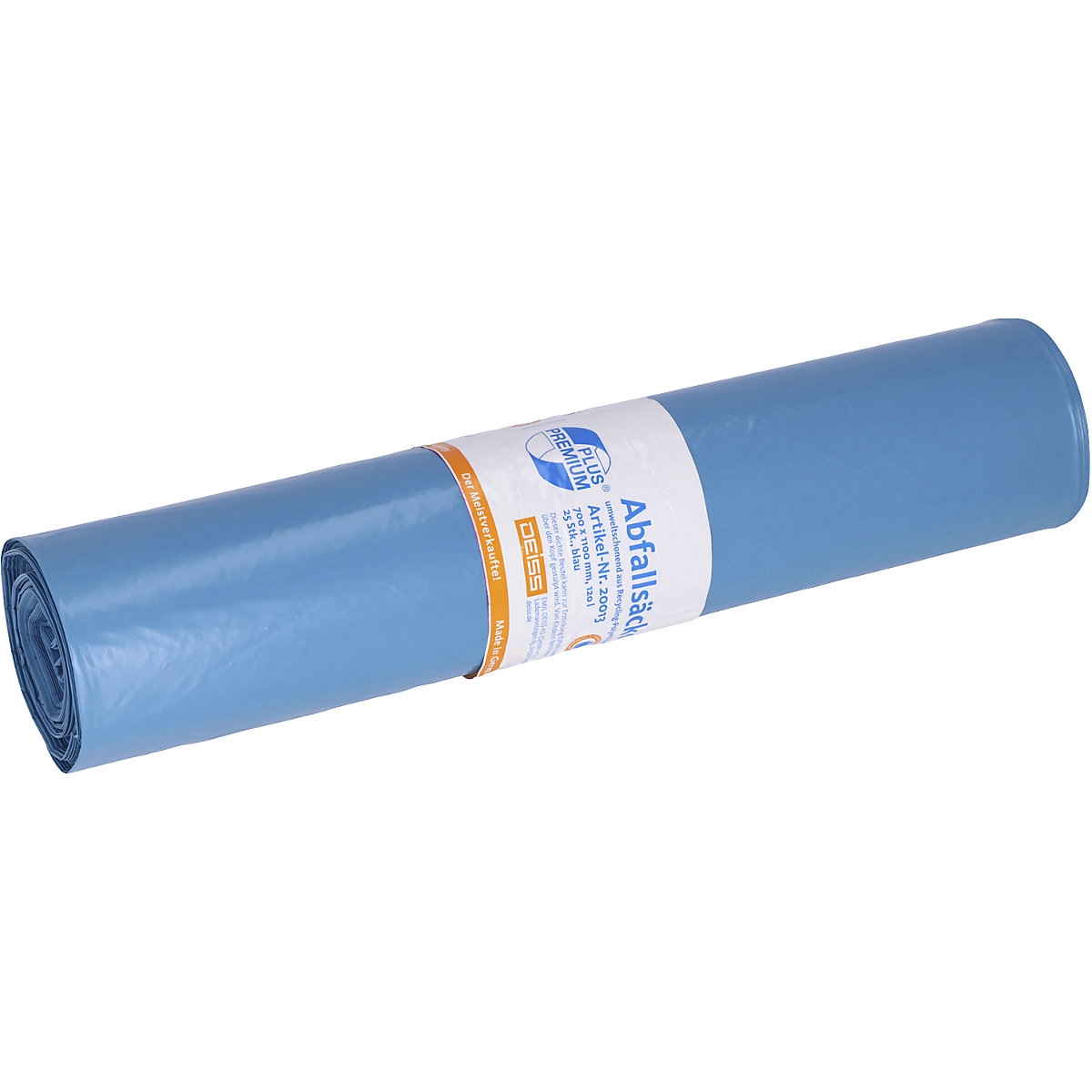 Deiss – Sacs-poubelle PREMIUM PLUS, 120 l, à effet climatique neutre, bleu, lot de 250, l x h 700 x 1100 mm, épaisseur matériau 34 µm