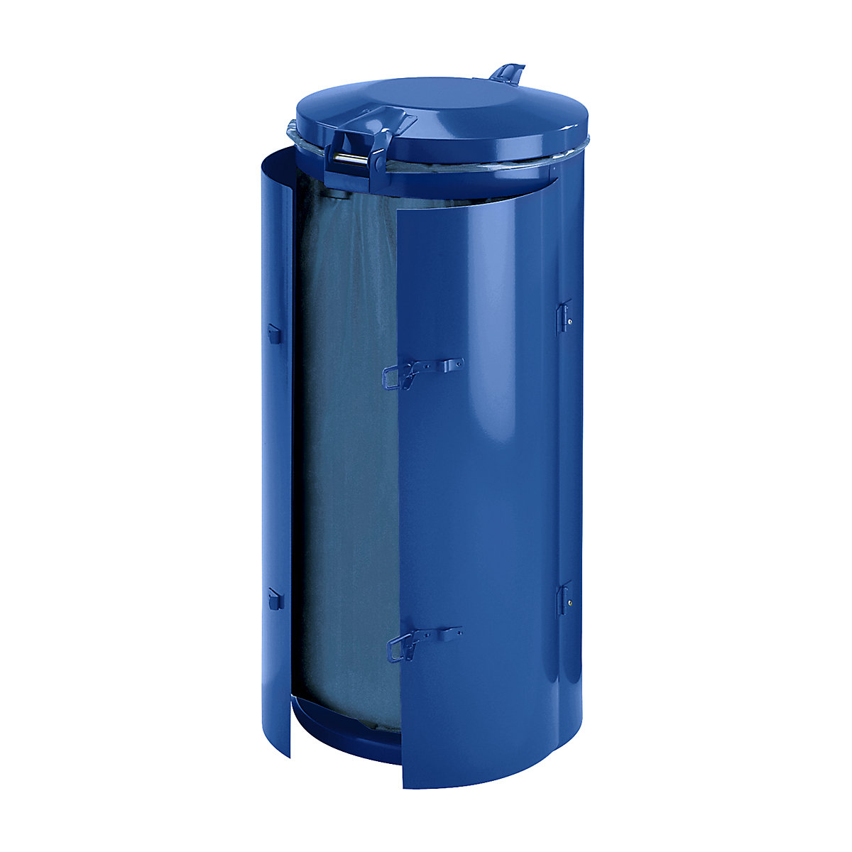 Collecteur de déchets en tôle d'acier – VAR, capacité 120 l, avec porte à deux battants, bleu avec couvercle métallique-8