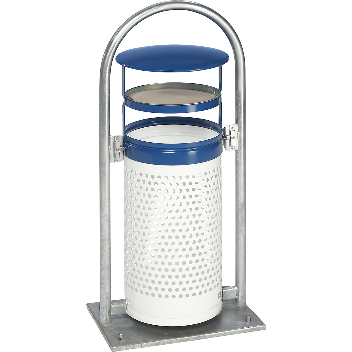 Kombinovaný popelník s trubkovým obloukem a stříškou – VAR, objem 65 l, š x v x h 580 x 1145 x 380 mm, modrá / bílá