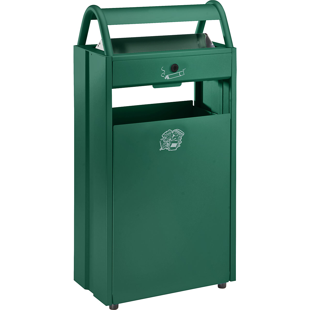 VAR – Sběrač odpadů s popelníkem a ochrannou stříškou proti dešti, objem 60 l, š x v x h 480 x 960 x 250 mm, zelená RAL 6005