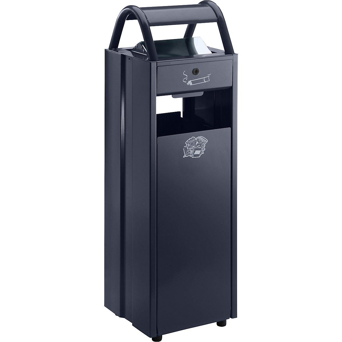 Sběrač odpadů s popelníkem a ochrannou stříškou proti dešti – VAR, objem 35 l, š x v x h 300 x 960 x 250 mm, černošedá RAL 7021