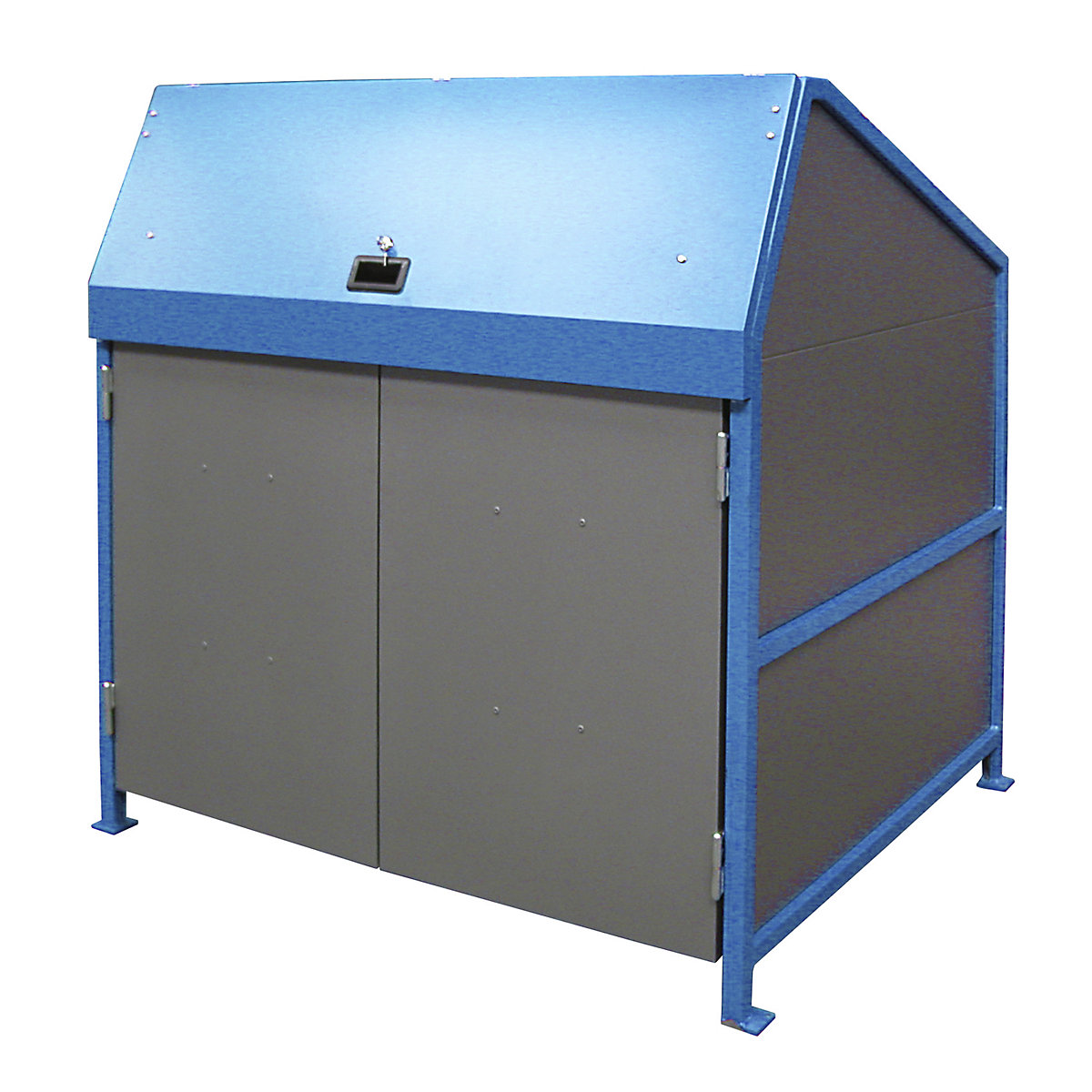 EUROKRAFTpro – Přístřešek pro nádoby na odpad, uzavřené ze 4 stran, s dveřmi, modrá rámová konstrukce
