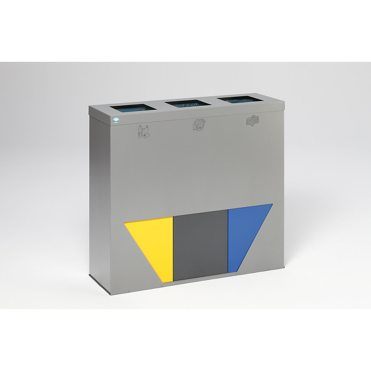 Kombinace nádob na tříděný odpad TRAPEZ – VAR, s nástavcem a svěrným kruhem, stříbrná se 3 vložkami žlutá / antická stříbrná / modrá-2