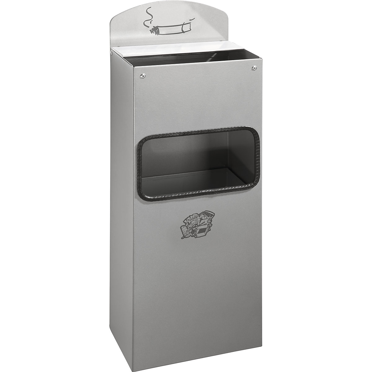VAR – Kombinovaný nástěnný popelník s vhazovacím otvorem pro odpadky, v x š x h 505 x 200 x 125 mm, ocelový plech, stříbrná
