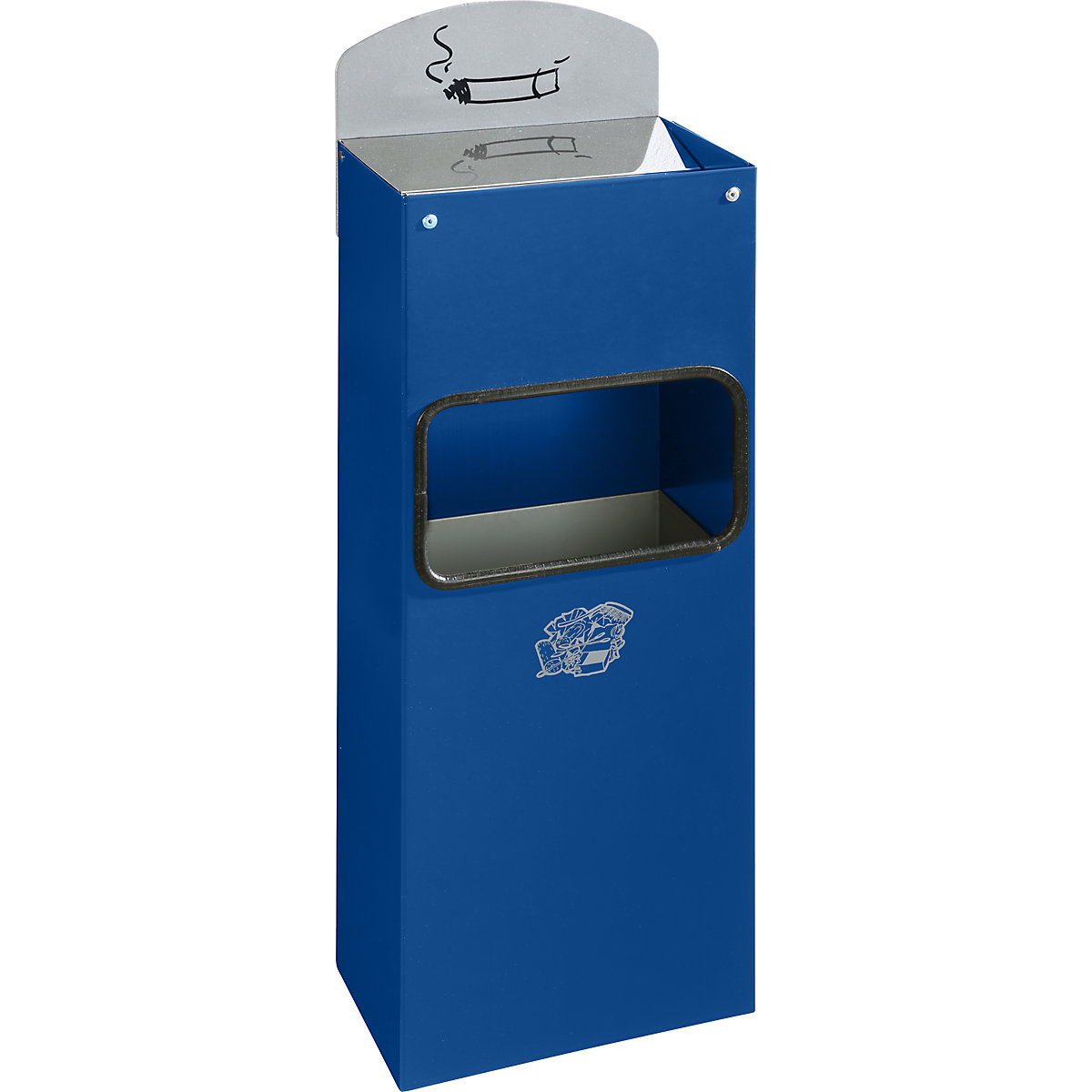 VAR – Kombinovaný nástěnný popelník s vhazovacím otvorem pro odpadky, v x š x h 505 x 200 x 125 mm, ocelový plech, enciánová modrá