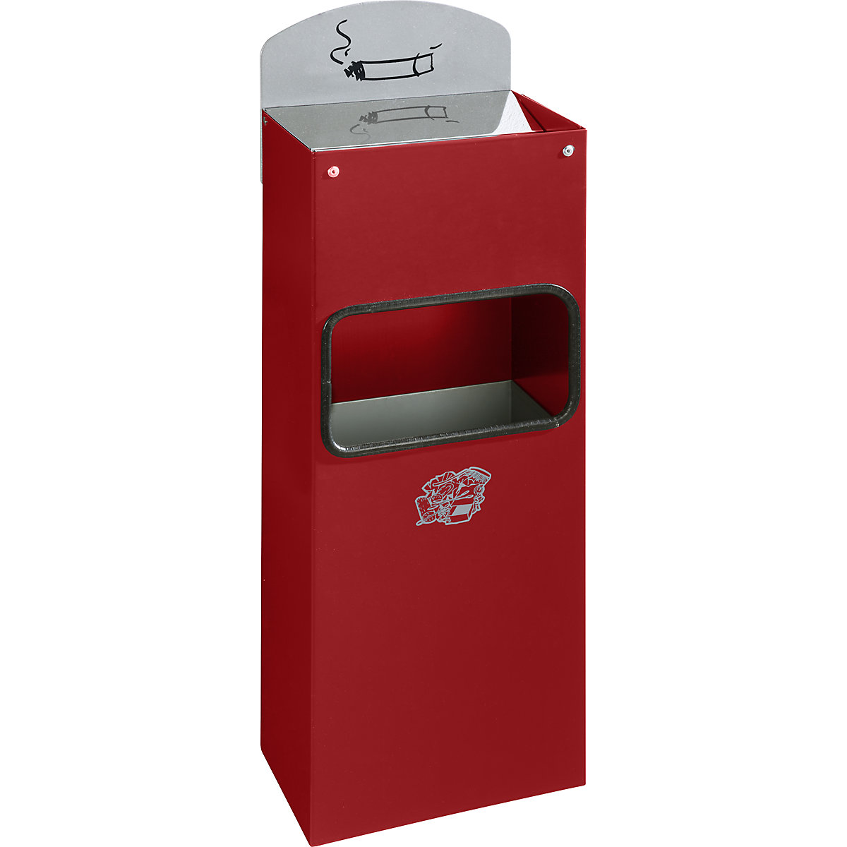 Kombinovaný nástěnný popelník s vhazovacím otvorem pro odpadky – VAR, v x š x h 505 x 200 x 125 mm, ocelový plech, ohnivě červená-2