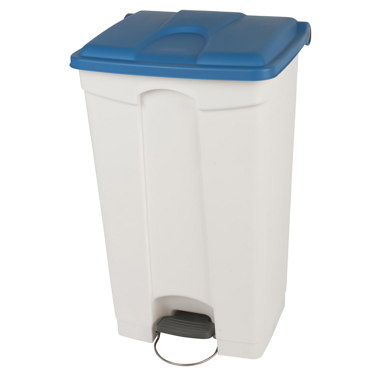 EUROKRAFTbasic – Nádoba na odpad s pedálem, objem 90 l, š x v x h 505 x 790 x 410 mm, bílá, modré víko