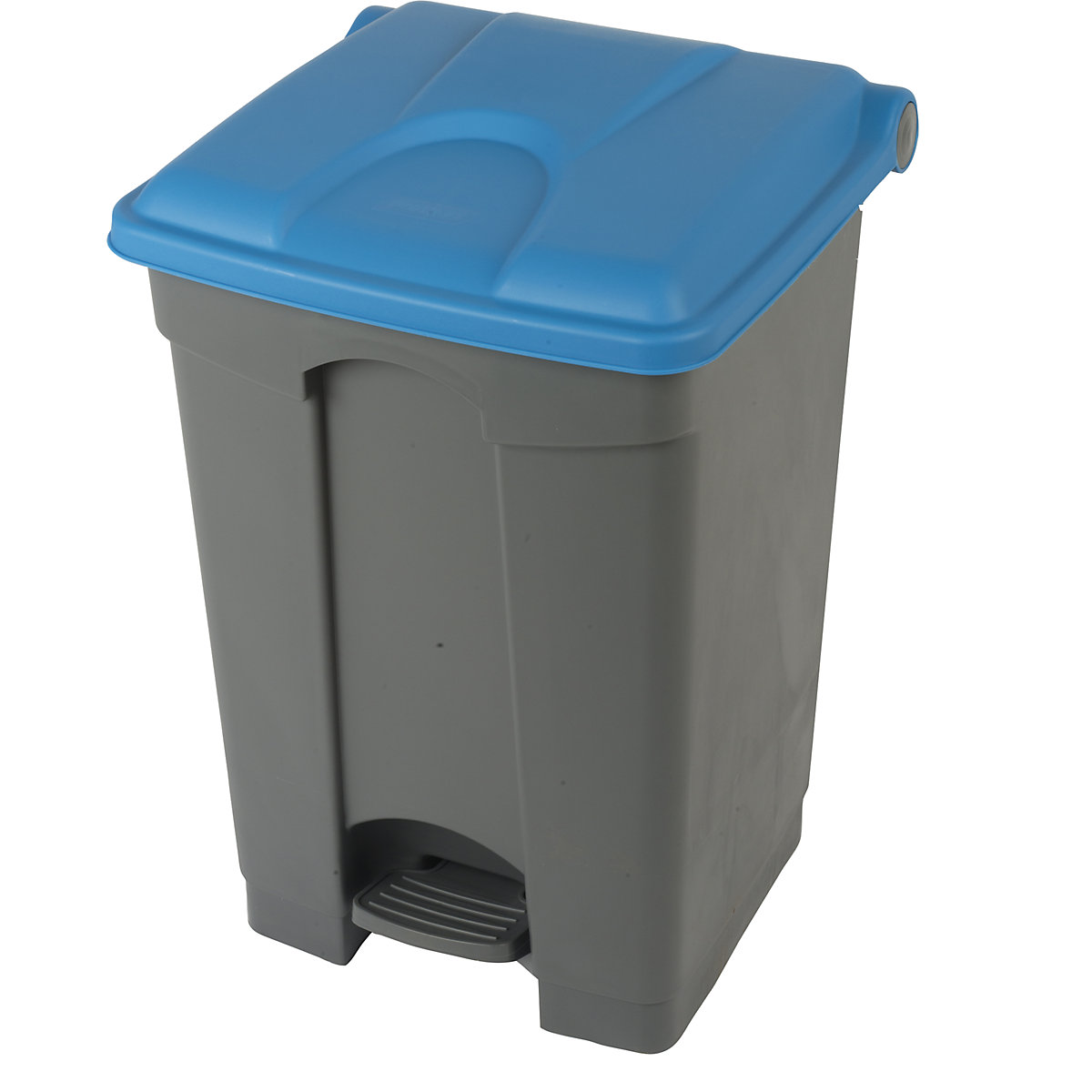 EUROKRAFTbasic – Nádoba na odpad s pedálem, objem 45 l, š x v x h 410 x 600 x 400 mm, šedá, modré víko