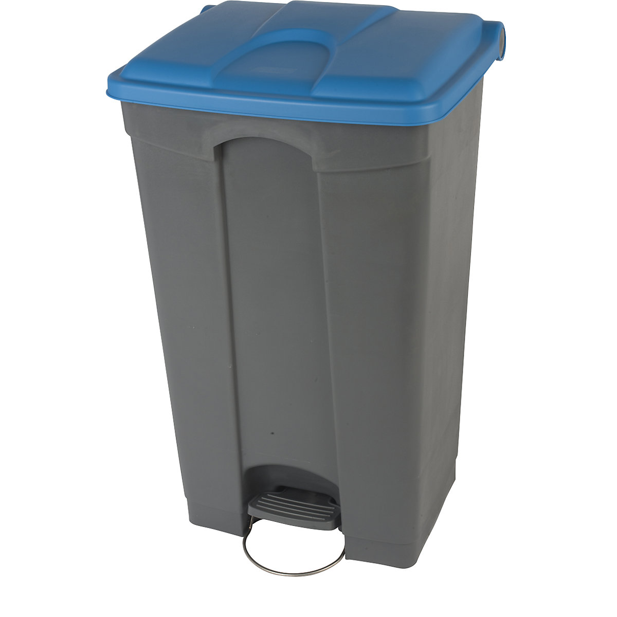 EUROKRAFTbasic – Nádoba na odpad s pedálem, objem 90 l, š x v x h 505 x 790 x 410 mm, šedá, modré víko