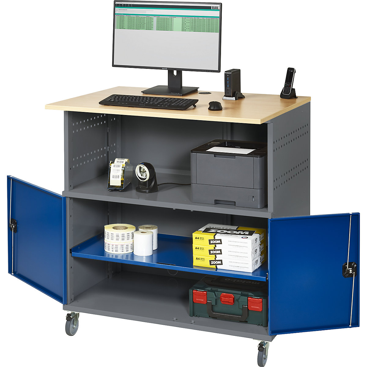 PC-asztal – RAU, teljes szélességében polccal, görgőkészlettel, antracit metál / enciánkék RAL 5010-5