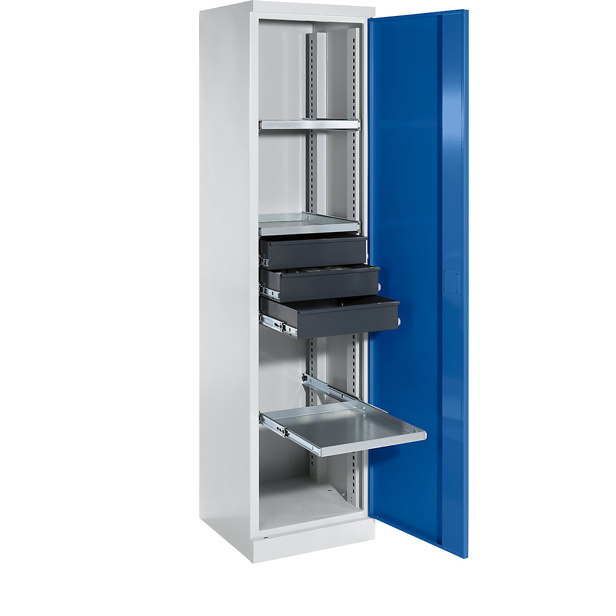 Szafa na materiały – eurokraft pro, szer. 500 mm, 3 wysuwane półki, 3 szuflady, drzwi niebieskie gencjanowe-7