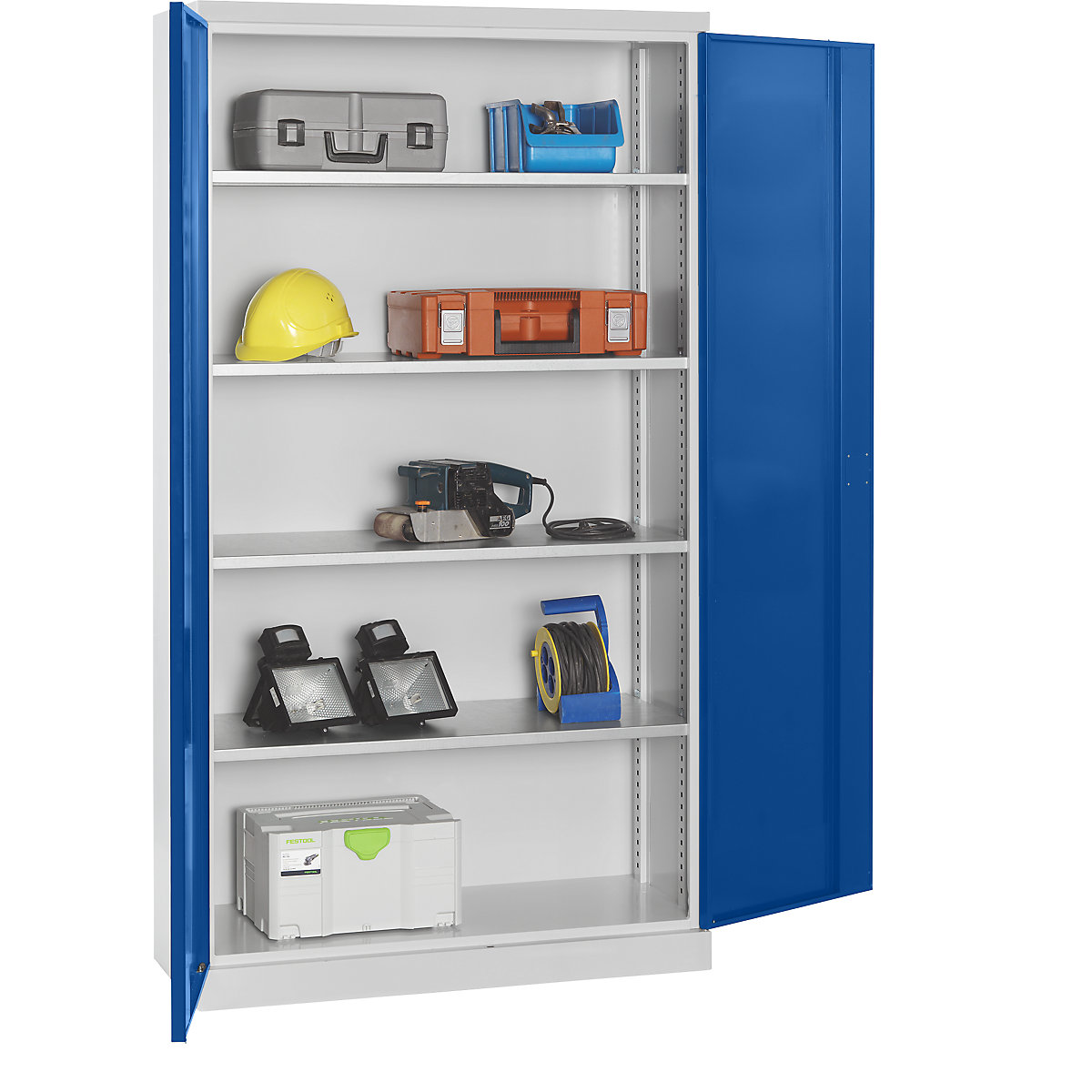Szafa na materiały – eurokraft pro, głęb. 450 mm, 4 półki i drzwi z pełnej blachy, drzwi niebieskie-10