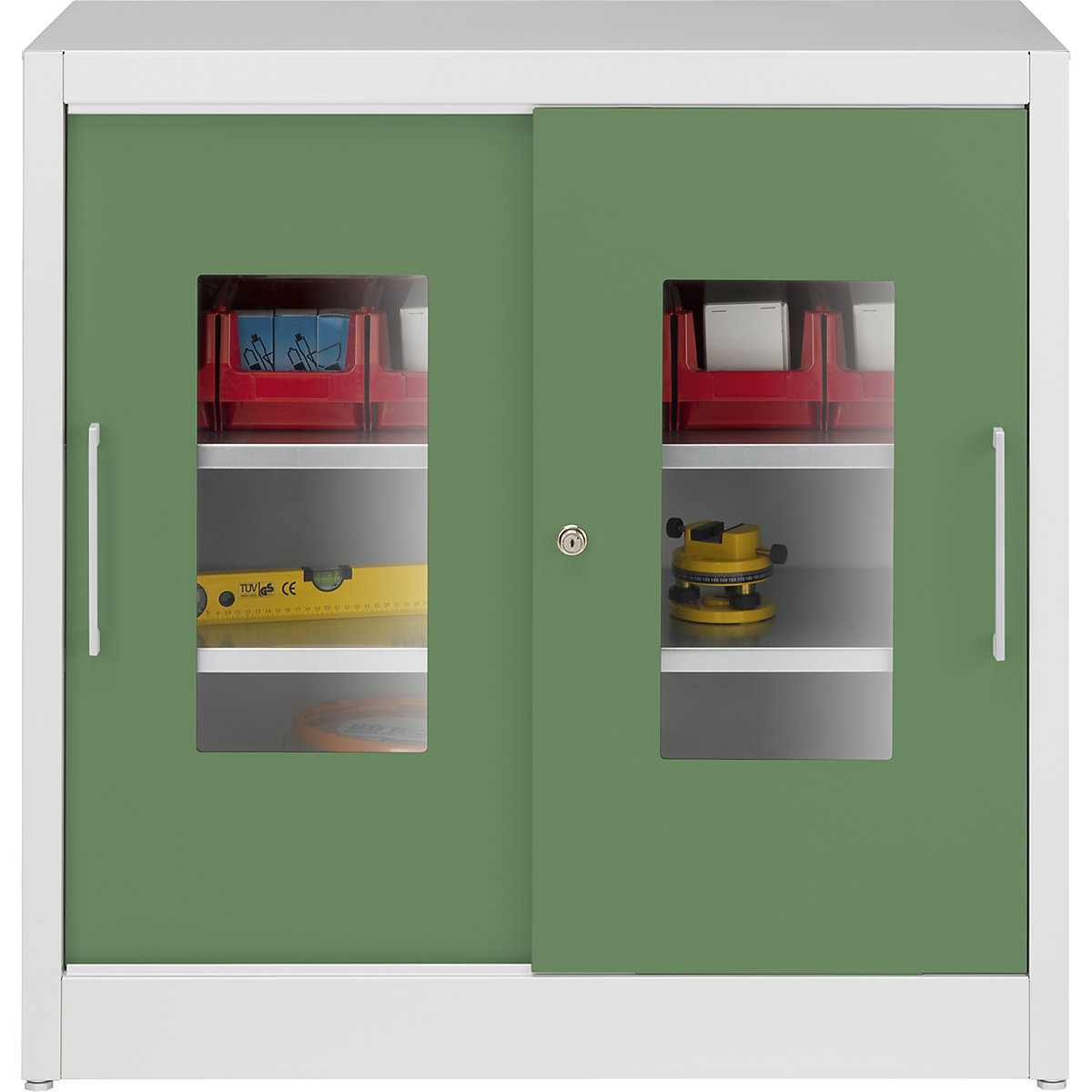 Szafa z drzwiami przesuwnymi z okienkiem – mauser, z 2 półkami, wys. x szer. 1000 x 1000 mm, głęb. 600 mm, kolor drzwi rezedowo-zielony-3