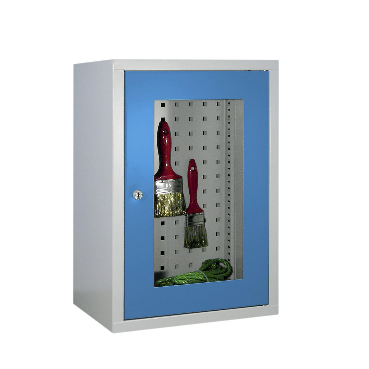 Szafka wisząca, wys. 600 mm – Pavoy, z drzwiami z okienkiem, szer. 400 mm, perforowana ścianka tylna, szara / niebieska-5