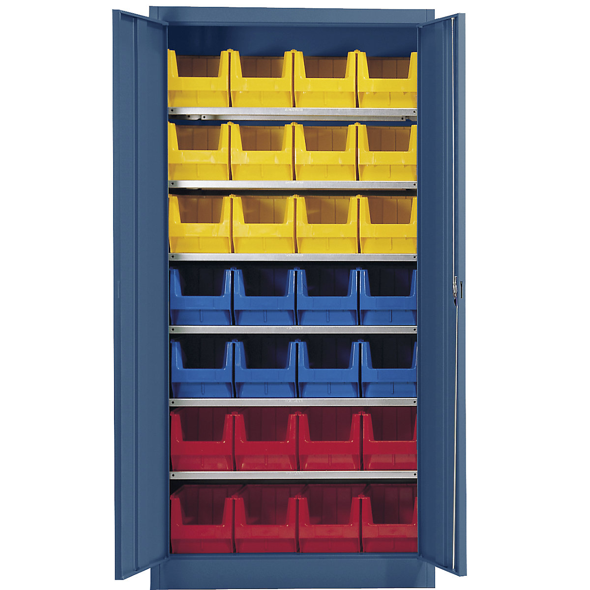 Szafka magazynowa, jednokolorowa – mauser, z 28 otwartymi pojemnikami magazynowymi, 6 półek, niebieski, od 3 szt.-3