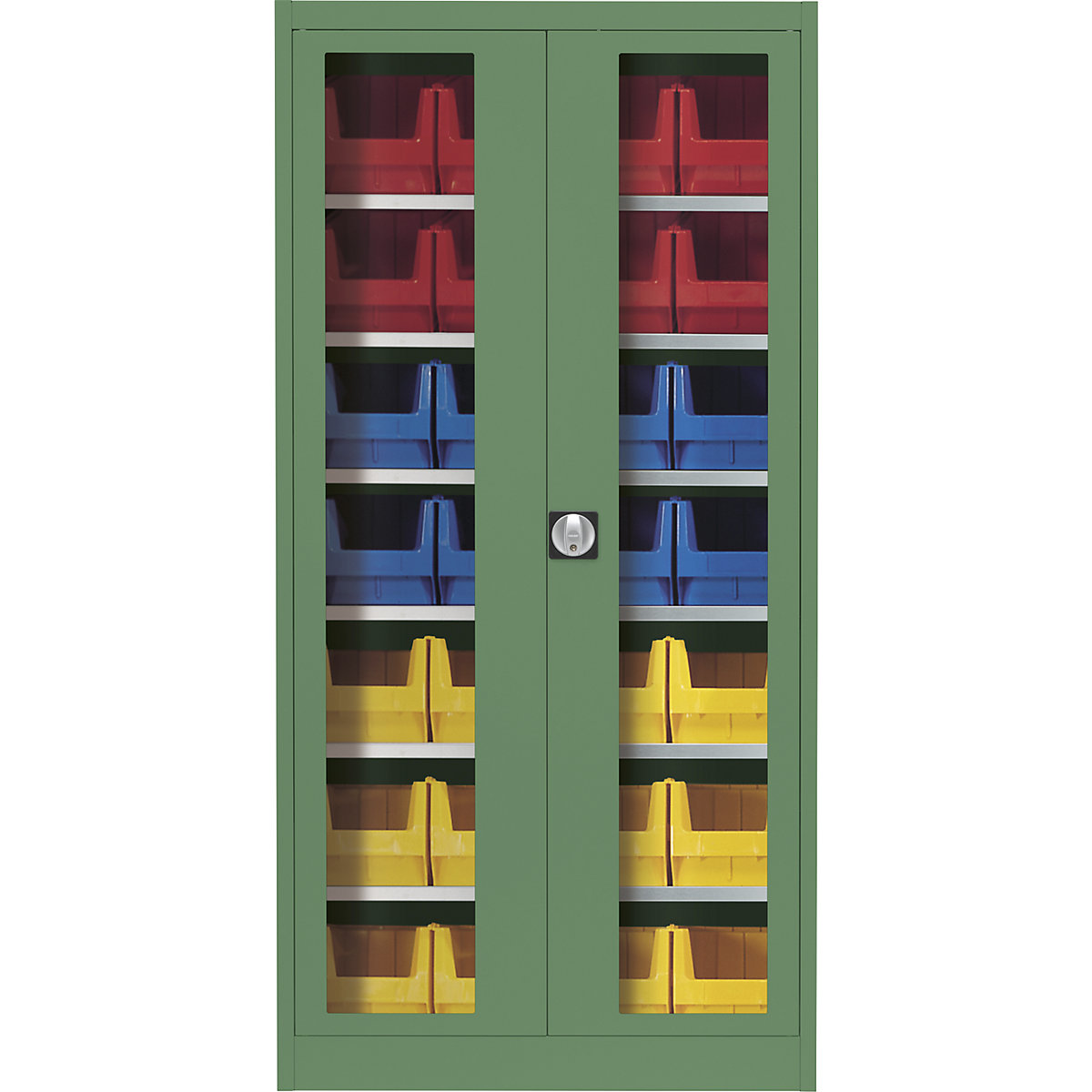 Szafka z drzwiami skrzydłowymi, z okienkiem – mauser, z 28 otwartymi pojemnikami magazynowymi, rezedowo-zielony-8