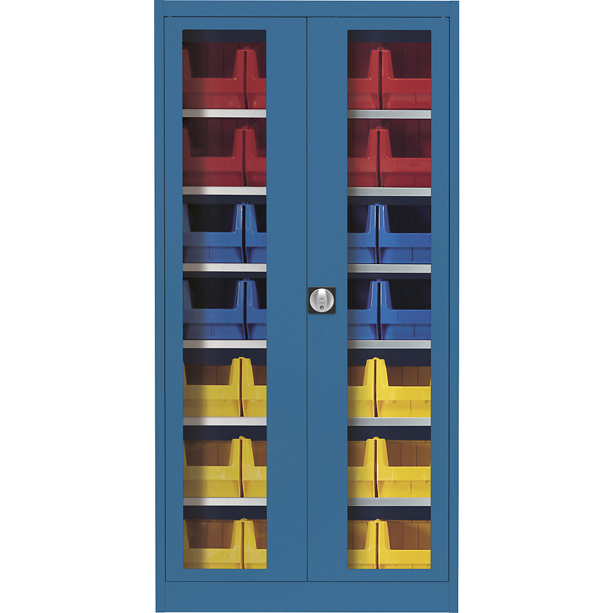 Szafka z drzwiami skrzydłowymi, z okienkiem – mauser, z 28 otwartymi pojemnikami magazynowymi, brylantowo-niebieski-2