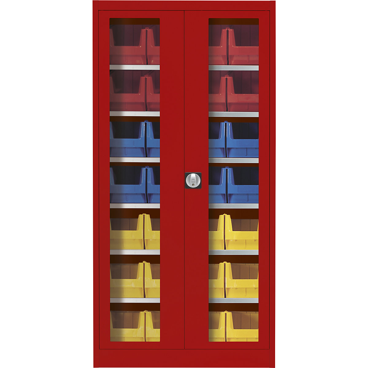 Szafka z drzwiami skrzydłowymi, z okienkiem – mauser, z 28 otwartymi pojemnikami magazynowymi, czerwony-6