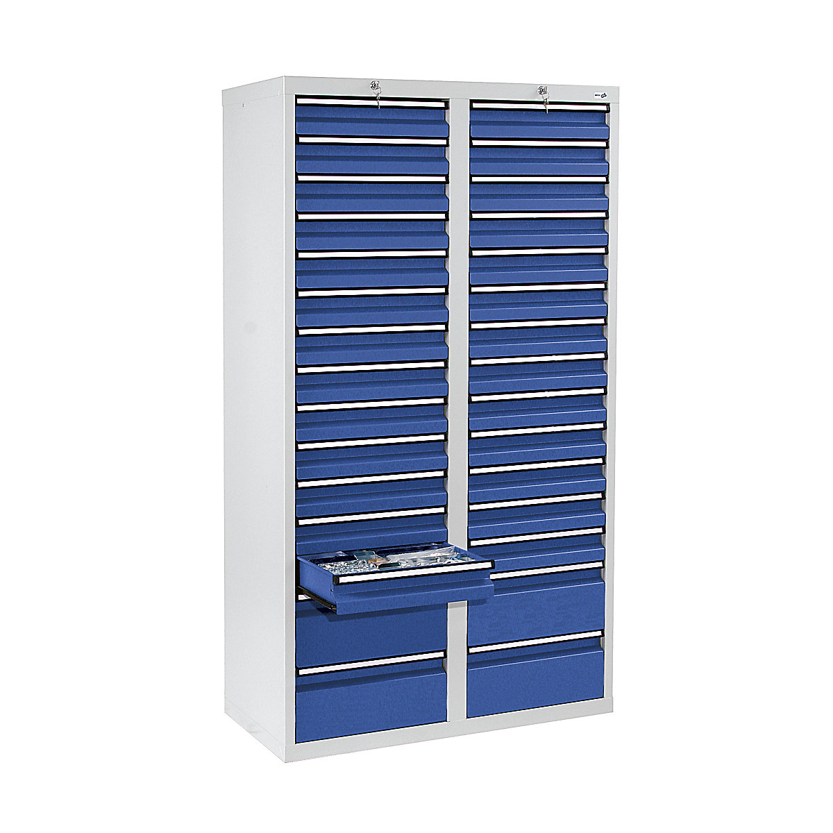 Fiókos szekrény, ma x szé x mé 1800 x 1000 x 500 mm, 26 db 100 mm magas fiók, 4 db 200 mm magas fiók, szürke váz, enciánkék fiók-8