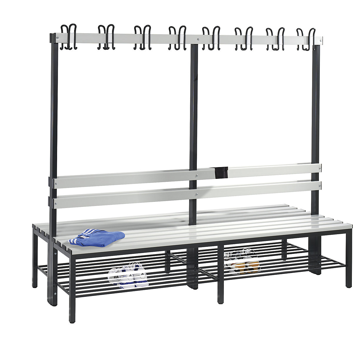BASIC öltözőpad, kétoldalas kivitel – C+P, akasztóléc, cipőtartó rács, műanyag, hossz 1960 mm, világosszürke-1