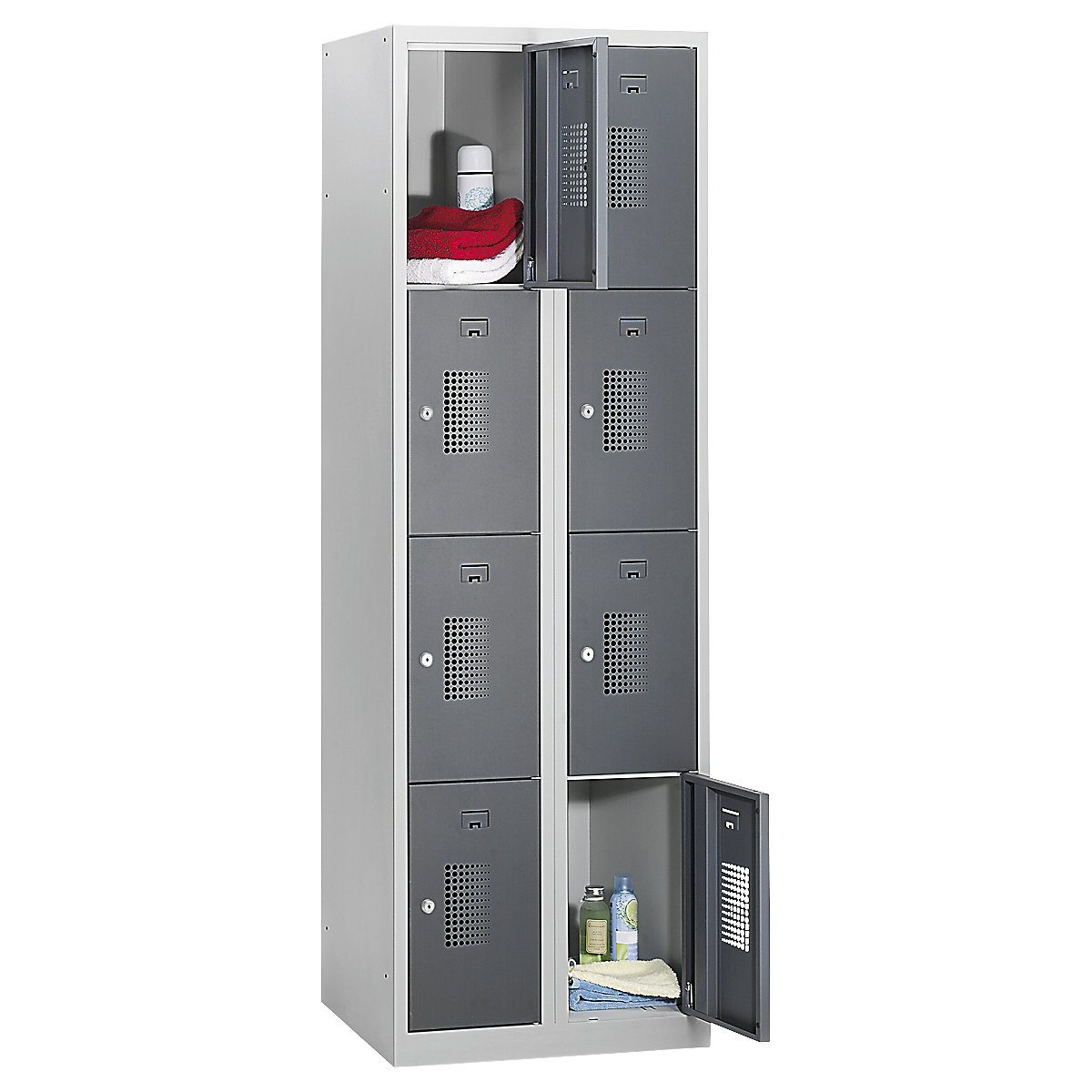AMSTERDAM zárható rekeszes szekrény – eurokraft basic, 2 fülke, szélesség 600 mm, 8 rekesz, hengerzár, világosszürke váz, bazaltszürke ajtók