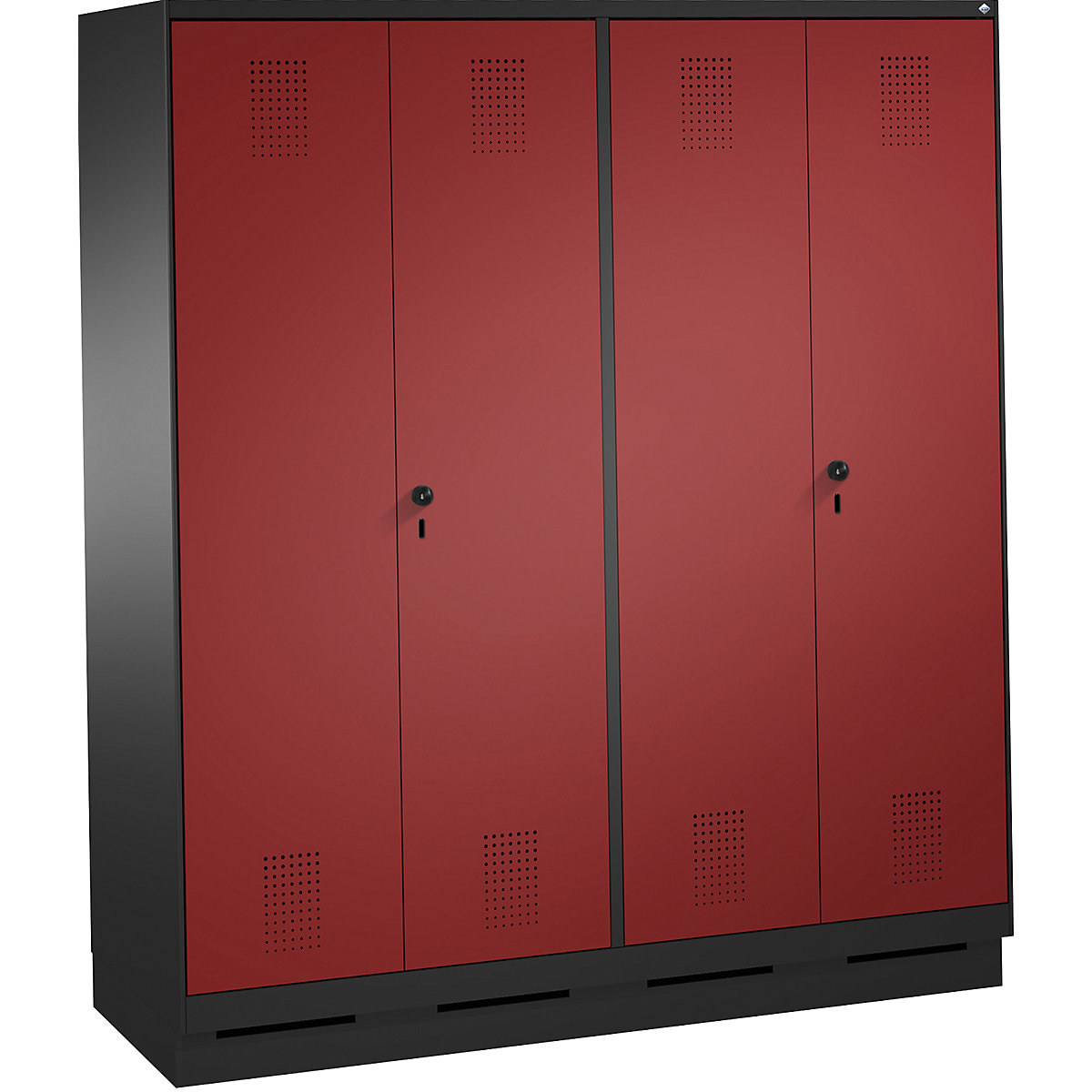 EVOLO öltözőszekrény, egymásra csukódó ajtók – C+P, 4 fülke, fülkeszélesség 400 mm, lábazattal, feketésszürke / rubinvörös-14