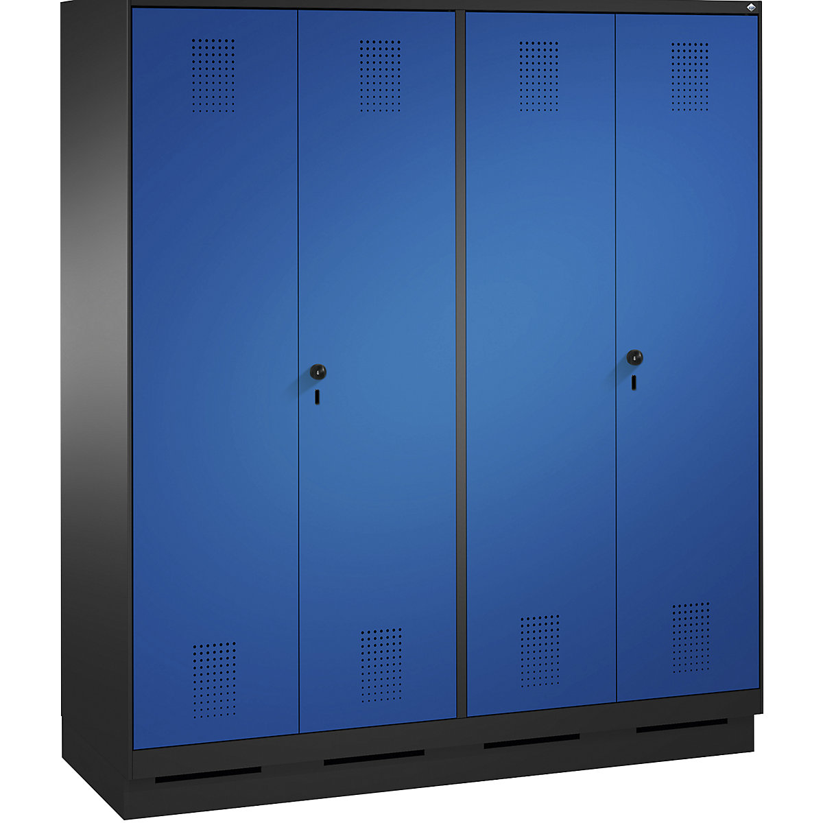 EVOLO öltözőszekrény, egymásra csukódó ajtók – C+P, 4 fülke, fülkeszélesség 400 mm, lábazattal, feketésszürke / enciánkék-5