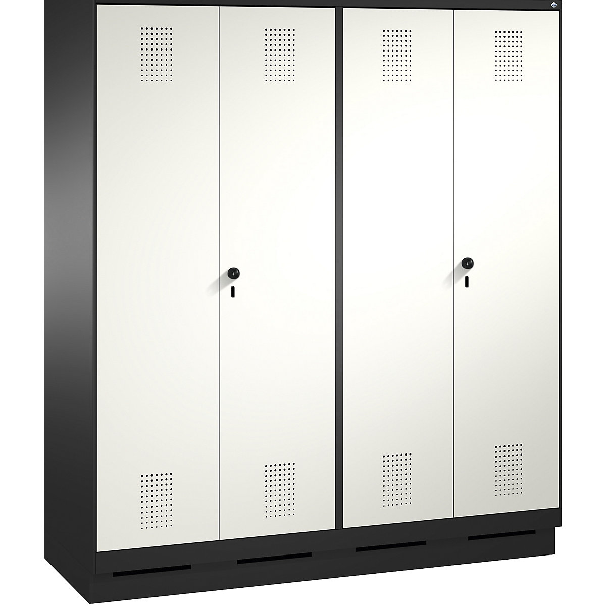 EVOLO öltözőszekrény, egymásra csukódó ajtók – C+P, 4 fülke, fülkeszélesség 400 mm, lábazattal, feketésszürke / közlekedési fehér-11