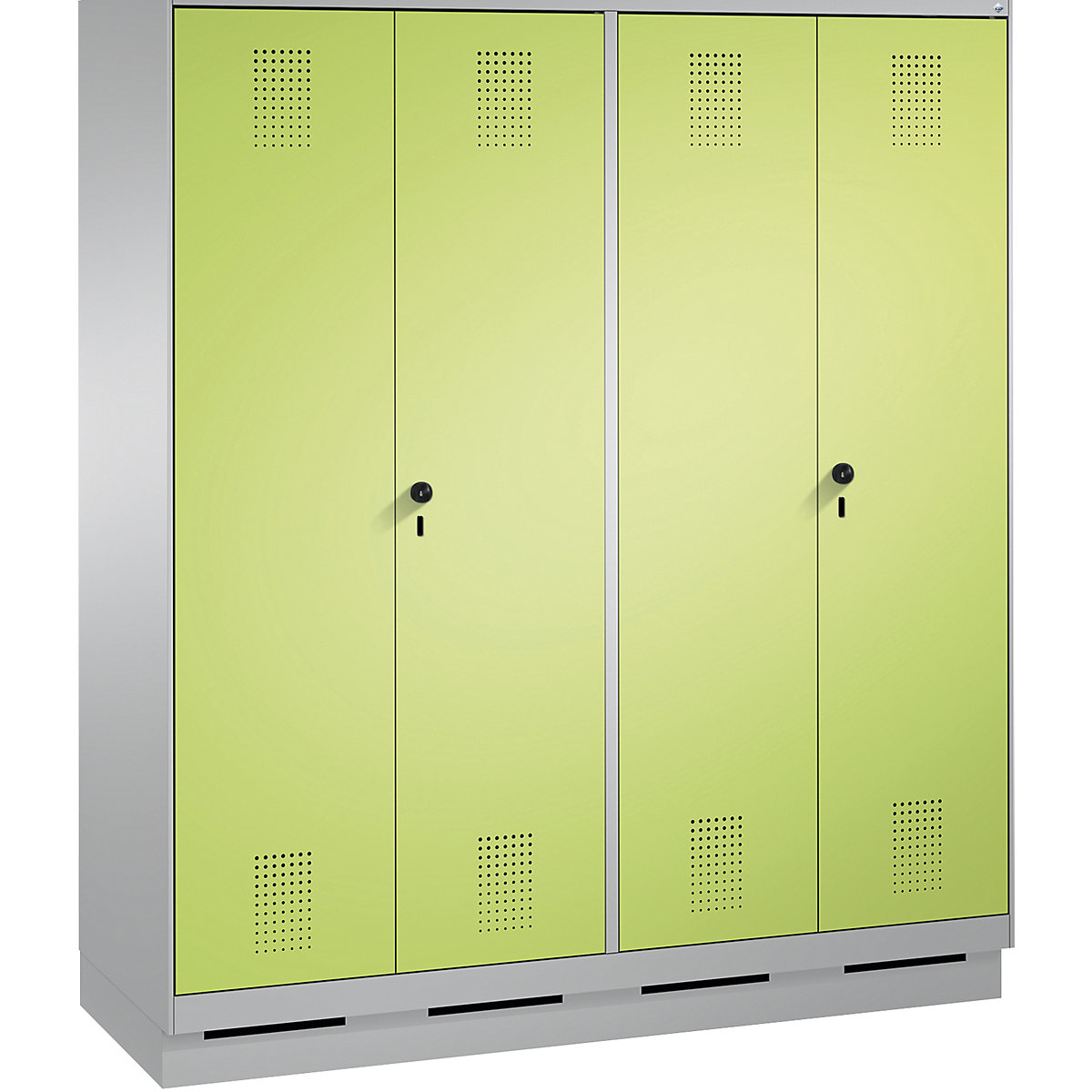 EVOLO öltözőszekrény, egymásra csukódó ajtók – C+P, 4 fülke, fülkeszélesség 400 mm, lábazattal, fehéralumínium / viridinzöld-3