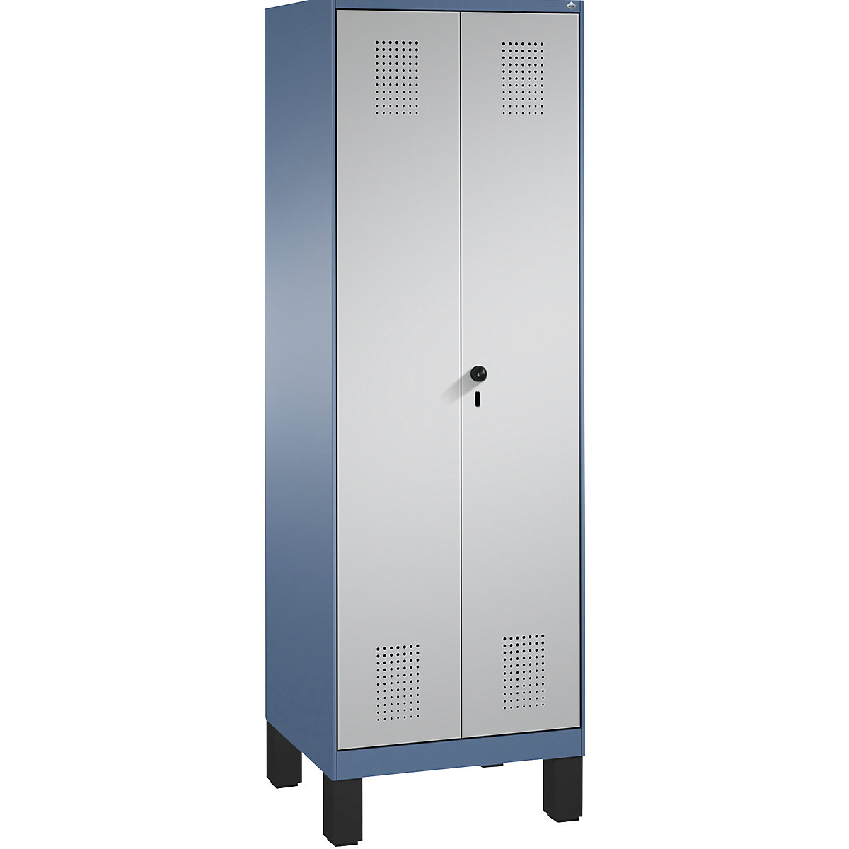 EVOLO takarítószer-/készüléktároló szekrény – C+P, rövidített válaszfal, 6 akasztó, rekeszek 2 x 300 mm, lábakkal, távolikék / fehéralumínium-15