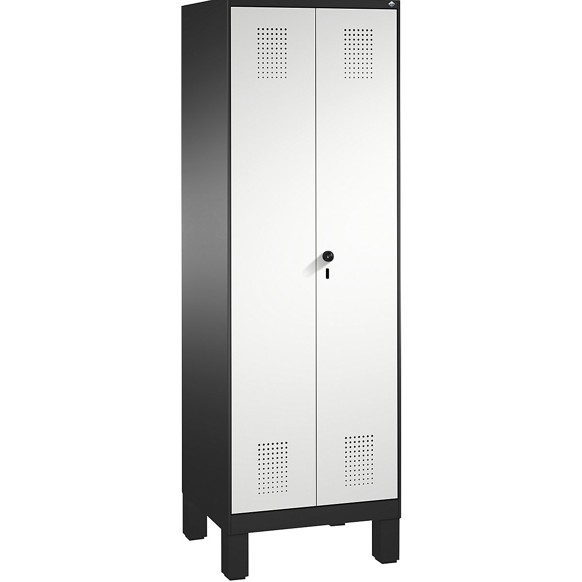 EVOLO takarítószer-/készüléktároló szekrény – C+P, rövidített válaszfal, 6 akasztó, rekeszek 2 x 300 mm, lábakkal, feketésszürke / világosszürke-7