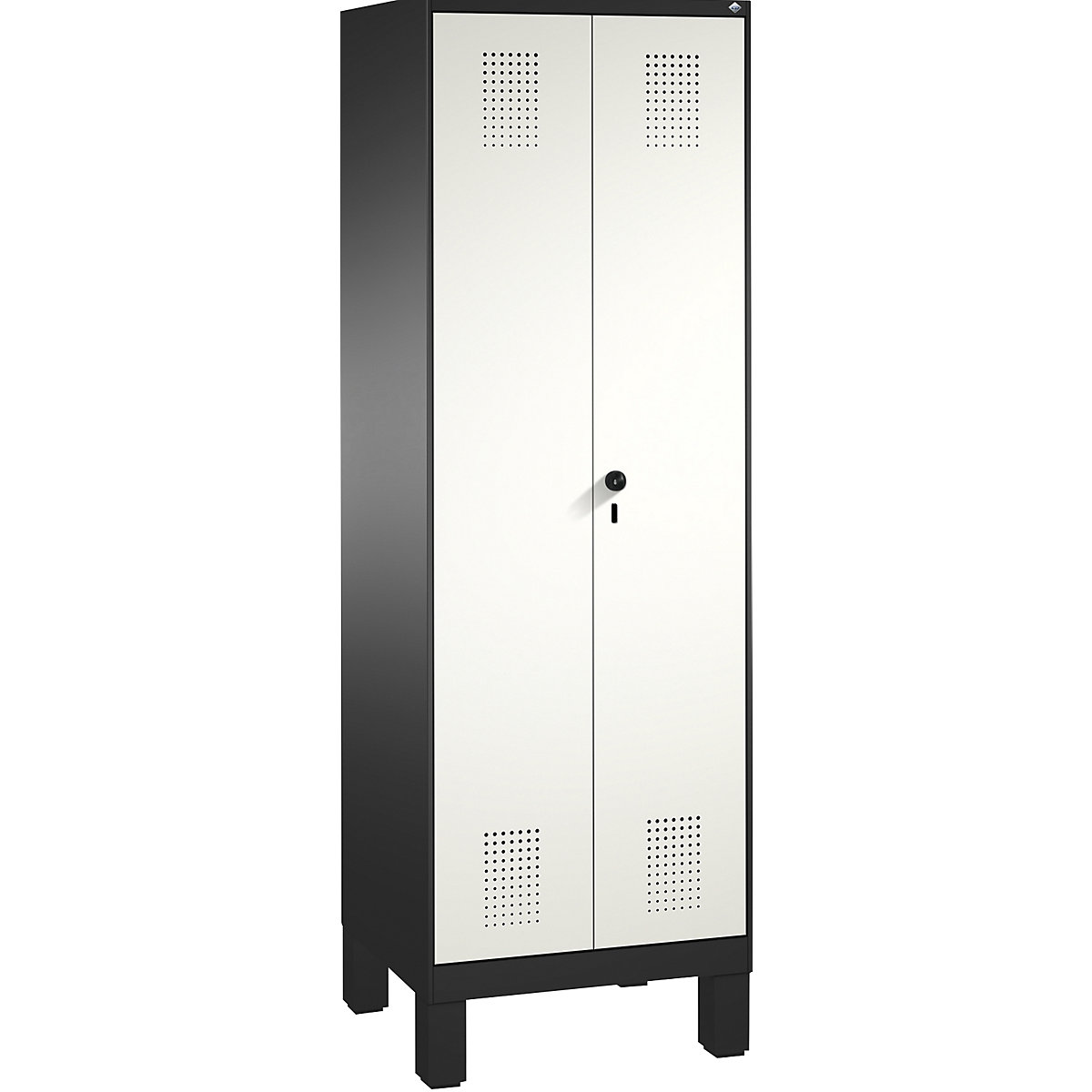 EVOLO takarítószer-/készüléktároló szekrény – C+P, rövidített válaszfal, 6 akasztó, rekeszek 2 x 300 mm, lábakkal, feketésszürke / közlekedési fehér-14